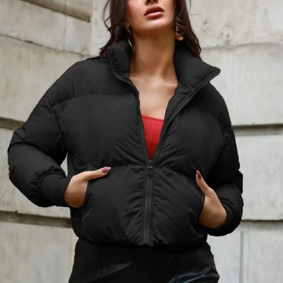 Quilted puffer jacket zip up stand collar black - Picture 3 of 6